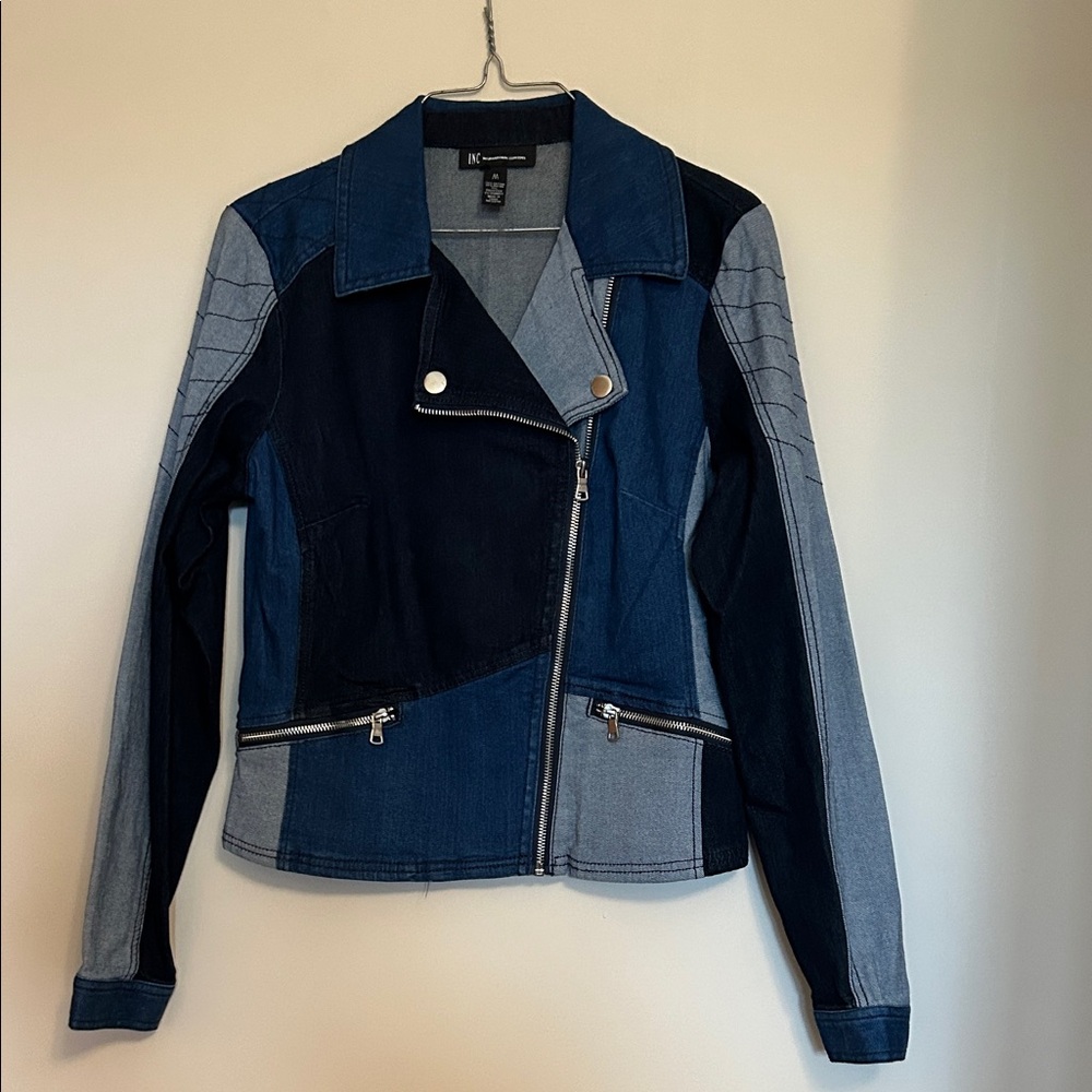 International Concepts patchwork denim jacket silvertone zippers size M near new
